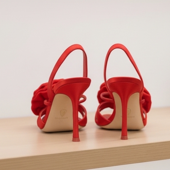 Deltan Izzie Cherry Red Satin Floral Rosette Open Toe Slingback Heel Size 8 - Picture 9 of 10